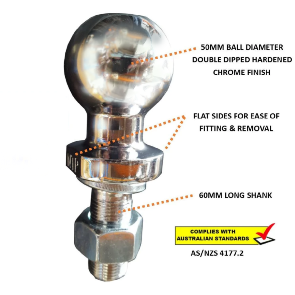 Mister Hitches Tow Ball 3500kg - 50mm Ball (Chrome) 7/8" x 60mm Shank - Image 2