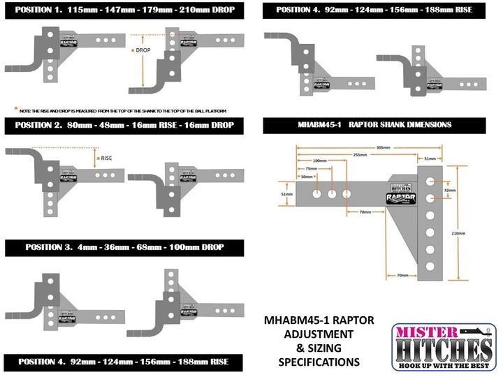 Mister Hitches Raptor 4.5T Super Duty Adjustable Ball Mount 16 Stage - Image 3